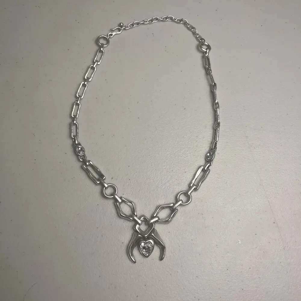Silver Tone Heart Pendant Necklace Chunky Chain Bracelet Set Statement Bold Y2K